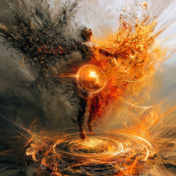 A dramatic digital artwork of a figure with fiery orange wings surrounded by swirling flames and light effects.