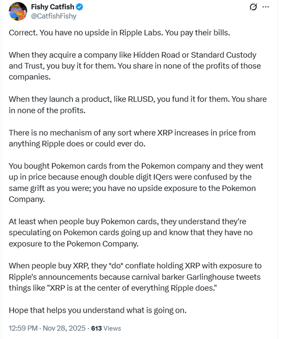 A tweet from Fishy Catfish (@CatfishFishy) discussing XRP and Ripple Labs, arguing that XRP holders have no upside exposure to Ripple's actions.