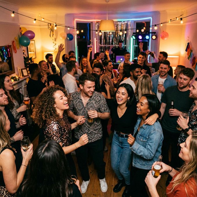A crowded house party scene where a diverse group of young adults are smiling, dancing, and drinking in a room decorated with string lights, balloons, and streamers.