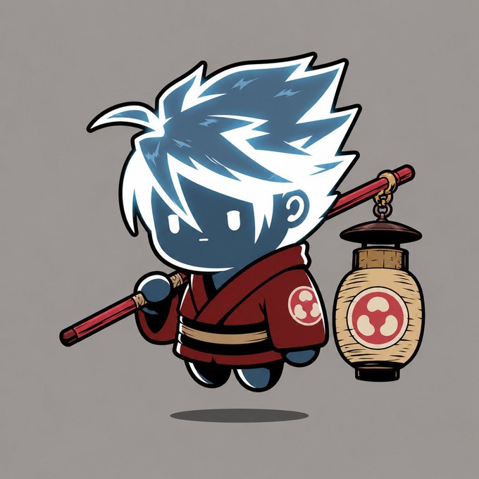 A chibi-style cartoon character with spiky blue and white hair wearing a red kimono with a circular symbol, holding a red staff and a paper lantern.