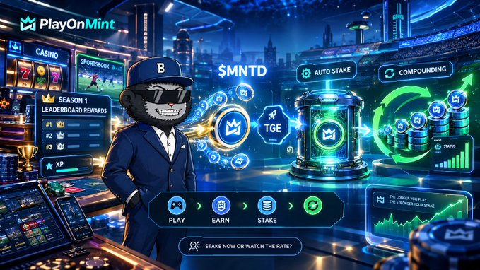 A promotional graphic for 'PlayOnMint' featuring a cartoon bear mascot in a suit and sunglasses, advertising casino, sportsbook, auto stake, and compounding features with a 'PLAY EARN STAKE' workflow.