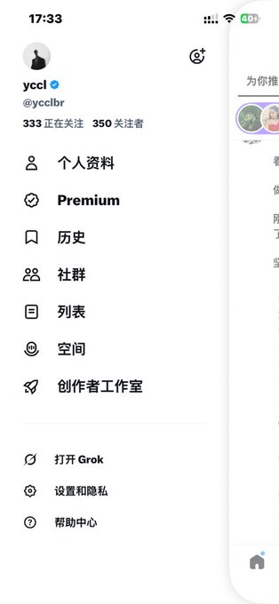 The image shows a X (formerly Twitter) profile sidebar menu for user "yccl" (@ycclbr), displaying 333 following and 350 followers. This aligns with the post's message about slow follower growth, as the user currently has 350 followers—still 150 short of their goal of reaching 500 followers while sharing content about AI, Web3, and crypto.