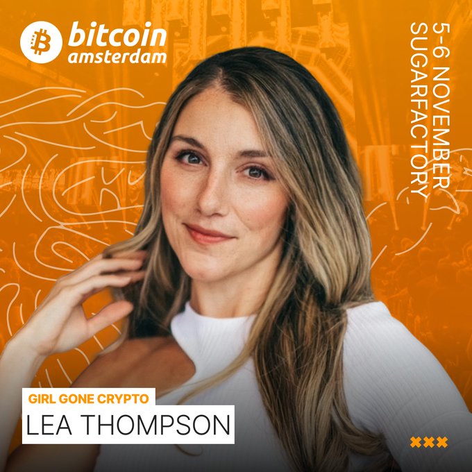 Promotional poster for Bitcoin Amsterdam 2026 (5-6 November at Sugarfactory), featuring 'Girl Gone Crypto' Lea Thompson on an orange background with a Bitcoin logo.