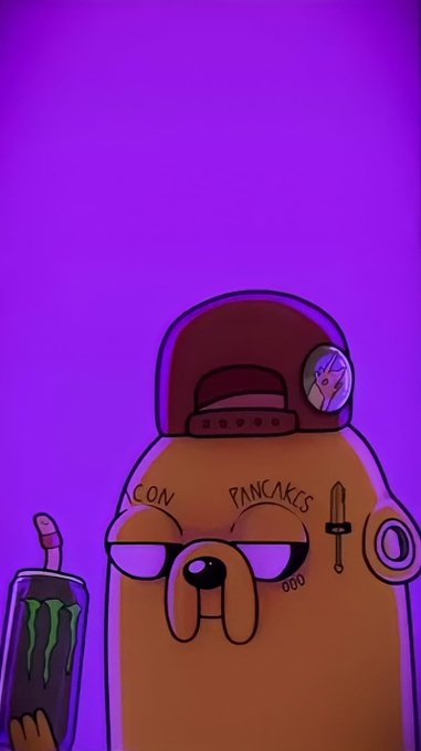 The image features a cartoon character, likely from the TV show "Adventure Time", wearing glasses and holding a green drink with a straw. The character has tattoos on their face and arms, giving them a unique appearance. In the background of the image, there is a purple wall that serves as a backdrop for the cartoon character's face.