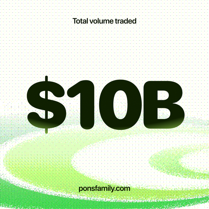 A graphic with a green halftone background displays the text "Total volume traded" above a large bold "$10B", with "ponsfamily.com" written at the bottom.