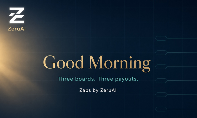 A dark blue branded graphic for "ZeruAI" featuring the headline "Three boards. Three payouts." and the subtext "Zaps by ZeruAI," with a golden glow on the left side.