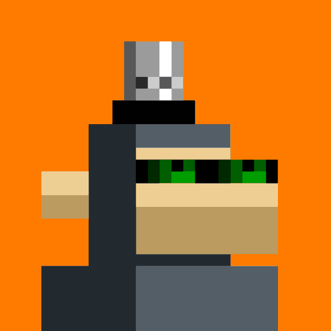A pixel-art character with a gray/black face stands against an orange background, holding what appears to be a tan box with a green pixelated display on top.