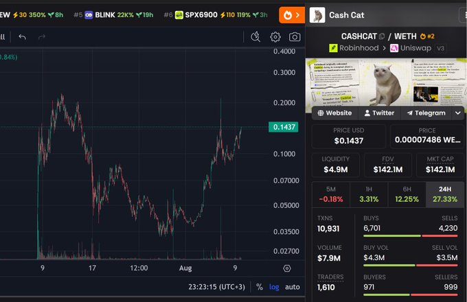 A cryptocurrency price chart for Cash Cat (CASHCAT/WETH) showing a current price of $0.1437, with liquidity of $4.9M and a market cap of $142.1M.