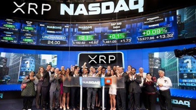 A group of people celebrate at the NASDAQ stock exchange with the XRP logo displayed prominently, as market ticker screens show the Dow Jones Industrial Average up +0.09% (13,577.96, +13.32) and other index data.