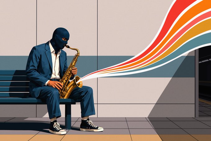 A stylized illustration of a masked figure in a blue suit playing a saxophone on a bench, with colorful sound waves flowing from the instrument.