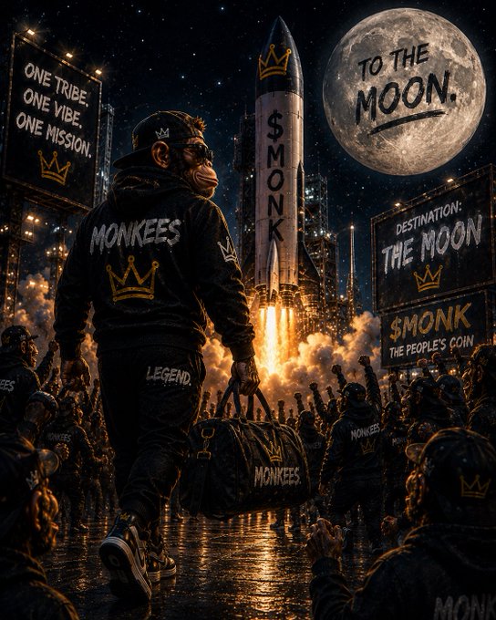 A digital artwork of a chimpanzee in a black 'MONKEES' jacket carrying a duffel bag toward a '$MONK' rocket launch, with a moon labeled 'TO THE MOON' and a crowd of similarly dressed apes cheering.