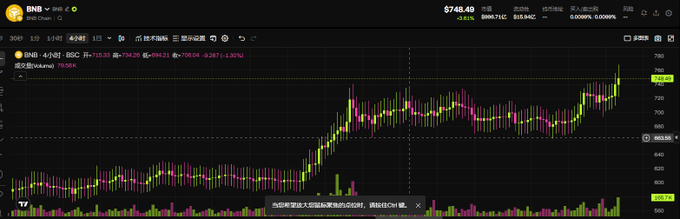 A dark-themed cryptocurrency trading chart showing BNB/USD on Binance, with the price at $746.49 and candlestick data displayed alongside Chinese-language interface text.