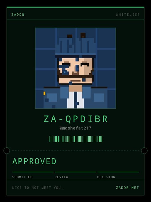 A digital ZADDR whitelist approval card featuring a pixel art portrait of a character with a blue cap and beard, showing 'APPROVED' status with code ZA-QPDIBR.