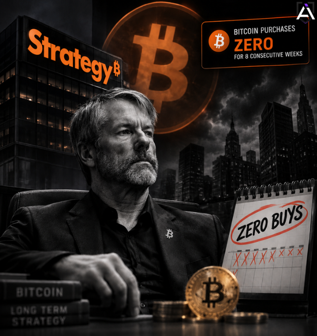 A serious-looking executive (presumably representing Strategy/MicroStrategy) sits before the iconic orange Bitcoin logo and a city skyline, with a calendar marked "ZERO BUYS" and an announcement stating "BITCOIN PURCHASES ZERO FOR 8 CONSECUTIVE WEEKS." The image visually reinforces the post's claim that Strategy has paused its Bitcoin accumulation for 8 straight weeks, instead using funds from MSTR share sales to pay dividends and buy back STRC stock rather than acquire more BTC.