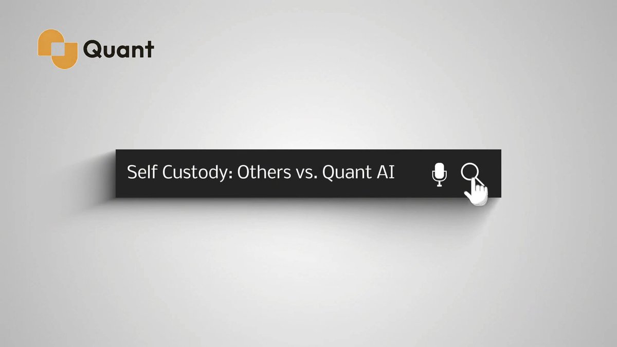 A search bar interface with the Quant logo (orange) at the top left, showing the query 'Self Custody: Others vs. Quant AI' alongside microphone and search icons, with a gloved hand cursor clicking the search icon.