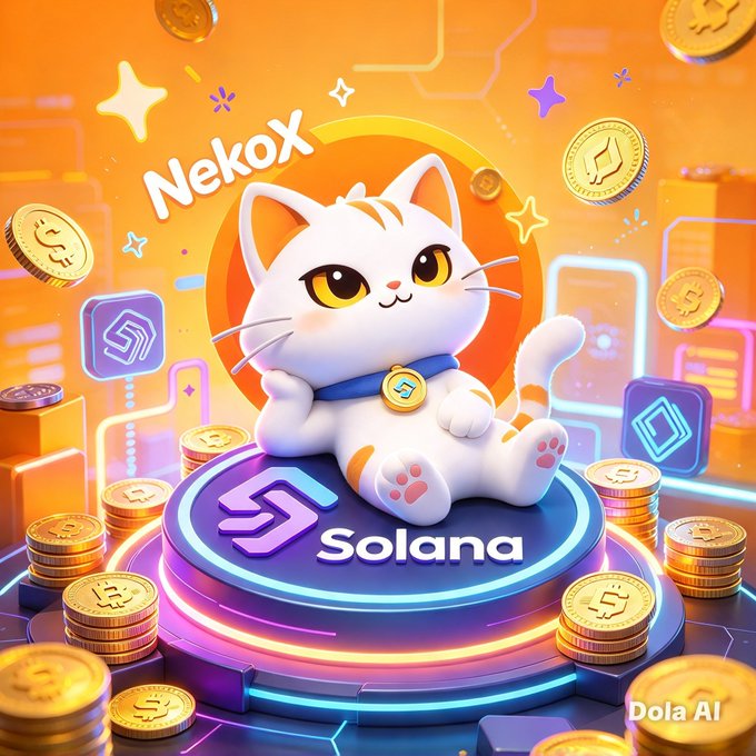 A digital illustration shows a cute cartoon cat named 'NekoX' sitting on a Solana-branded platform surrounded by gold coins on an orange background, labeled 'Dola AI'.