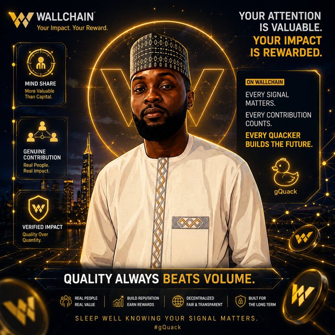A Wallchain promotional poster featuring a man in traditional attire, with the tagline 'Your Attention is Valuable. Your Impact is Rewarded' and features like Mind Share, Genuine Contribution, and Verified Impact.
