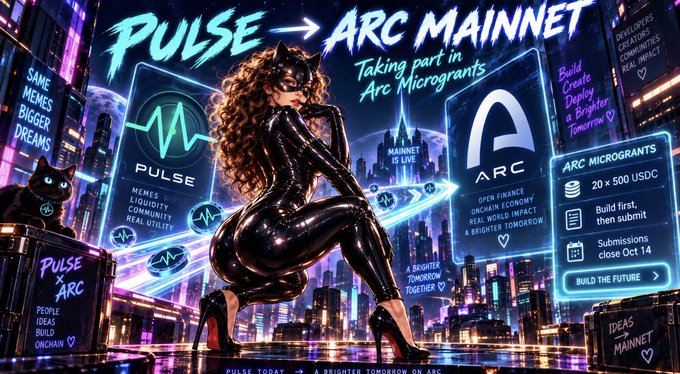 A colorful neon-style promotional banner for 'PULSE -> ARC MAINNET' featuring a female superhero in a black suit and text detailing 'ARC MICROGRANTS' and '20 x 500 USDC'.