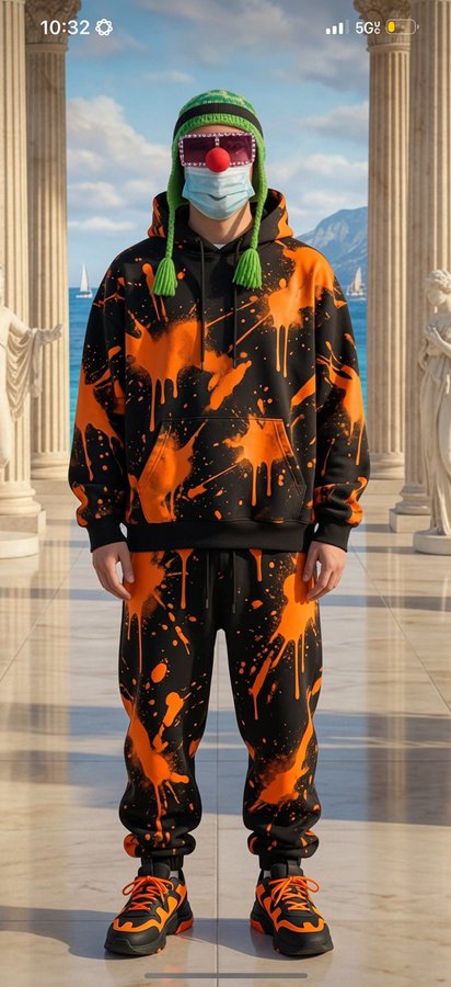 A person stands on a marble walkway between columns, wearing a green frog hat with tassels, a face mask, and a black and orange paint-splatter tracksuit with matching sneakers.