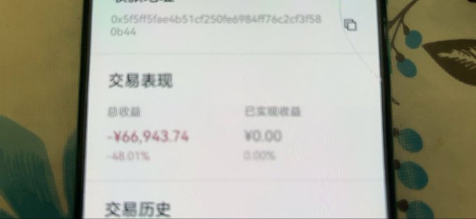 A smartphone screen displays a trading performance page (交易表现) showing a total return (总收益) of -¥66,943.74, representing a -48.01% loss, with no realized gains (已实现收益).