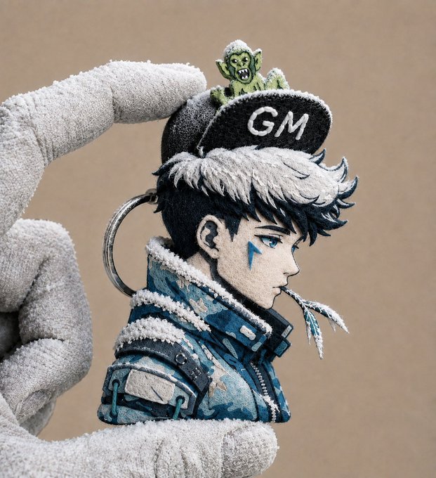 A close-up of a detailed keychain figurine of an anime-style character wearing a cap with 'GM' text and a small goblin on top, held by a gloved hand.
