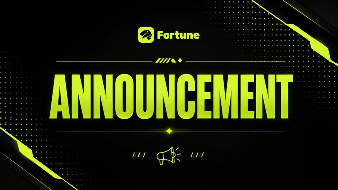 The image is a stylized announcement banner for Fortune, featuring bold neon-green "ANNOUNCEMENT" text alongside the Fortune logo and a megaphone icon on a dark, tech-inspired background. It visually reinforces the accompanying message of Fortune's Trading Competition Season 3, with the megaphone symbolizing the broadcast of the exciting Pre-TGE event news.