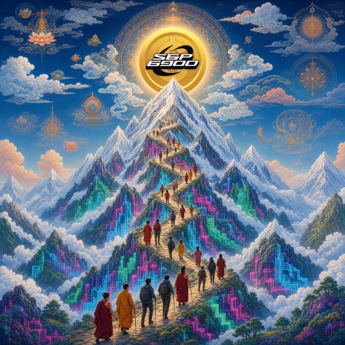 A vibrant digital artwork showing people walking up a winding mountain path toward a glowing sun with 'SSR 6900' text, set among snowy peaks and neon-colored circuitry patterns.