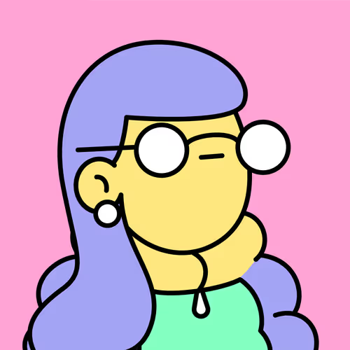 A cartoon illustration of a woman with long purple hair, round white sunglasses, pearl earrings, and a green top against a pink background.