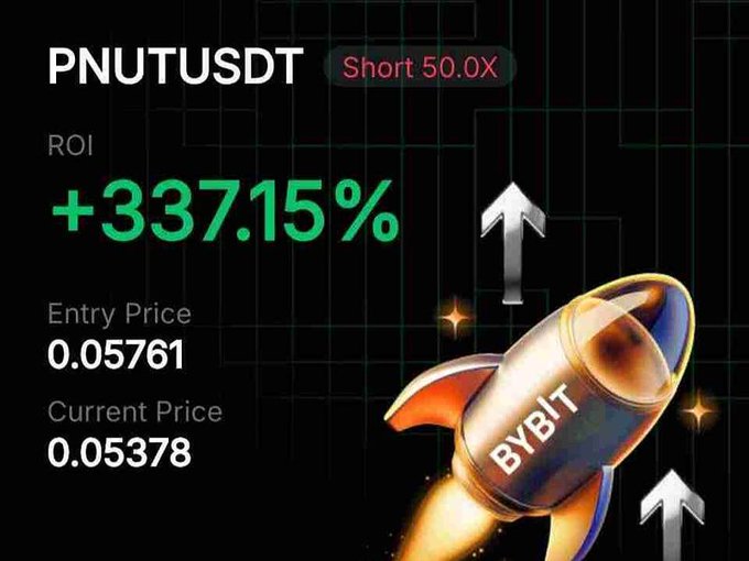 A Bybit trading interface displaying a PNUTUSDT short position with 50.0X leverage, showing an ROI of +337.15%, an entry price of 0.05761, and a current price of 0.05378, alongside a rocket graphic.