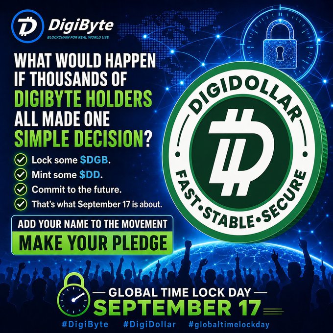 DigiByte cryptocurrency promotional graphic for 'GLOBAL TIME LOCK DAY SEPTEMBER 17,' featuring the DigiDollar logo and hashtags #DigiByte, #DigiDollar, and #globaltimelockday.