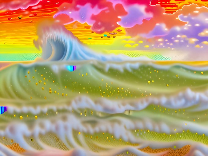 A colorful, surreal digital illustration of crashing ocean waves beneath a vibrant pink and orange sky, with small yellow orbs scattered throughout.
