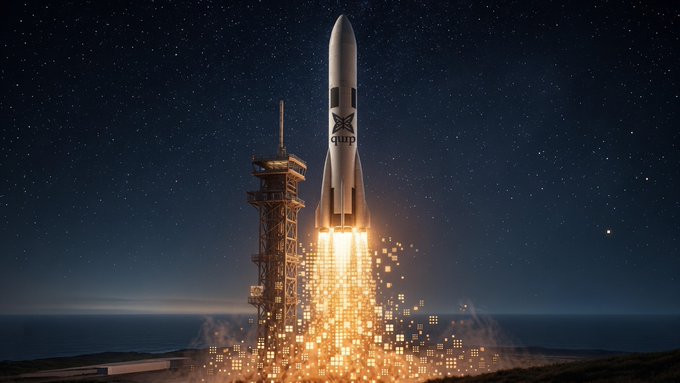 A stylized image shows a white rocket launching from a coastal launchpad at night under a starry sky, with a dark logo on its side and glowing golden particles illuminating the exhaust.