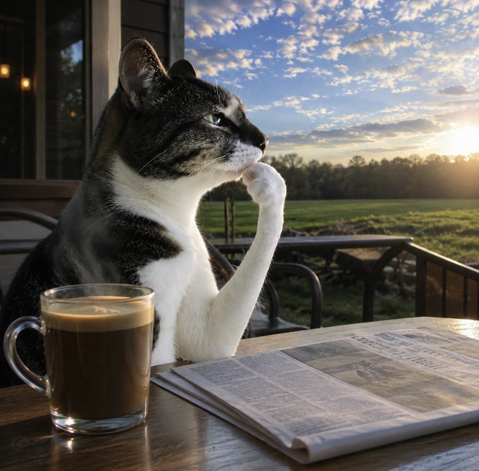 A black and white cat sits at a wooden table in a thoughtful pose with its paw near its face, next to a glass mug of coffee and a folded newspaper, with a green landscape and sunset in the background.