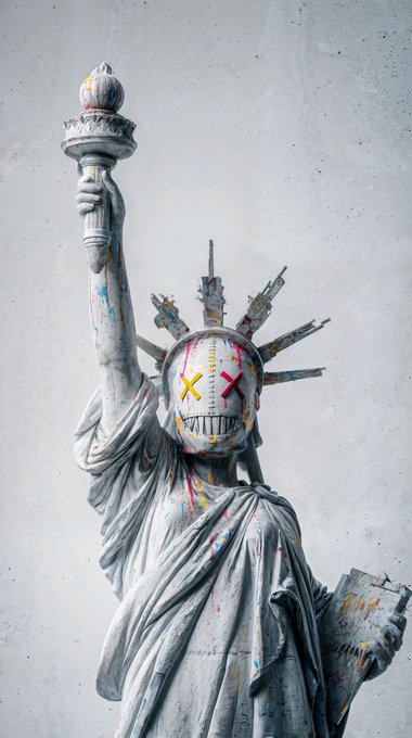 A digital artwork depicting the Statue of Liberty reimagined with a spiked, stitched-up face resembling a punk or horror aesthetic, with X marks over the eyes and paint splatters on the gray statue.