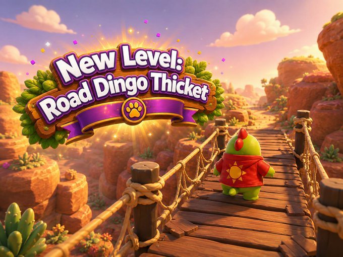 A video game screen displaying 'New Level: Road Dingo Thicket' with a green character on a wooden bridge.