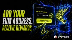 A promotional graphic for Savnymark reading 'ADD YOUR EVM ADDRESS RECEIVE REWARDS' with a wallet address input field and a stylized yellow constellation figure.