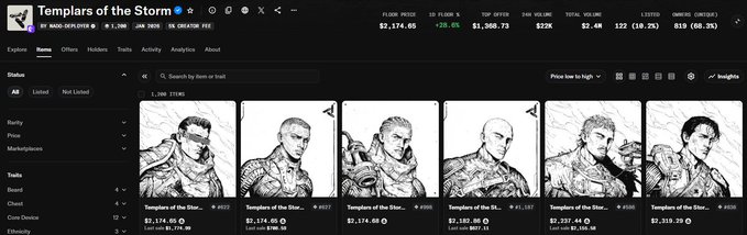 A screenshot of the 'Templars of the Storm' NFT marketplace on Magic Eden, showing black-and-white anime-style character illustrations with floor price of 0.1740 SOL and various sales metrics.