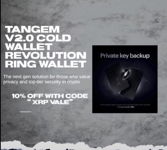 Promotional image for the Tangem V2.0 Cold Wallet Ring Wallet, featuring a dark product shot labeled "Private key backup" and a George Orwell quote, along with a 10% off promo code "XRPVALE" tied to the linked tangem.com offer.