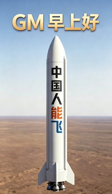 A white rocket stands in a desert landscape with the text 'GM 早上好' at the top and Chinese characters '中国人能飞' written vertically on its side.