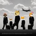 A stylized graphic illustration shows figures in black with orange cat heads and a black bird flying overhead.