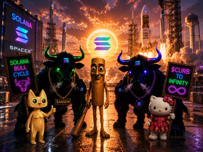 A vibrant, surreal scene features two neon-glowing black bulls flanking a wooden character with a shotgun, set against a dramatic sunset rocket launch backdrop displaying Solana logos and signs reading "SOLANA BULL CYCLE" and "$CURB TO INFINITY," alongside a $SANEM-plaque bull, an orange cat, and Hello Kitty. The image visually reinforces the post's bullish Solana theme, showcasing the mentioned tickers ($SOL, $ANSEM, $CURB, $KITTY) as a rallying call to the crypto community.