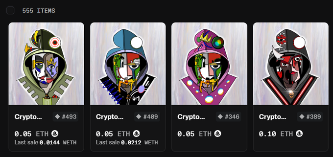 A screenshot from a marketplace showing 555 items total, with four CryptoPunk-style NFT hooded figures listed at prices ranging from 0.05 to 0.10 ETH (priced at #493, #409, #346, and #389). The image illustrates the post's point about scarcity—only 4 of these rare "Cryptomasks" are listed out of 555, making them a scarce opportunity for collectors.