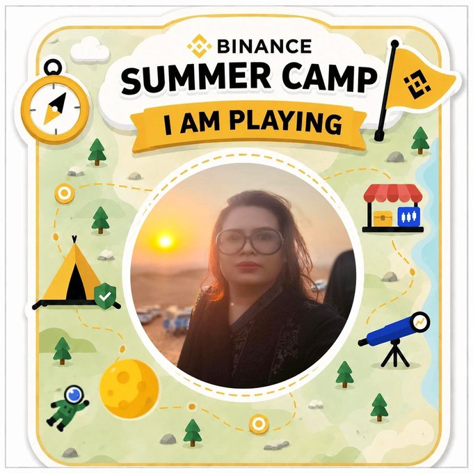 A woman poses inside a decorative circular frame on a Binance Summer Camp "I AM PLAYING" graphic, surrounded by camping-themed icons like a compass, tent, telescope, and trees. The celebratory badge marks her completion of Day 1, where she learned about Account Defense as part of Binance's crypto learning program.