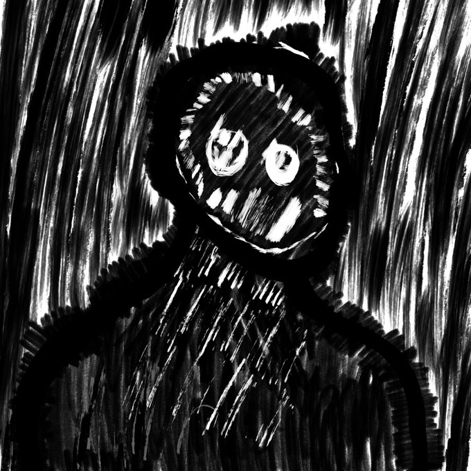 A dark, sketch-like illustration of a shadowy humanoid figure with glowing, asymmetrical eyes set against a heavily scribbled background of black and white vertical lines.