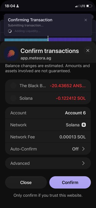 A mobile phone screenshot showing a cryptocurrency transaction confirmation screen for swapping 'The Black B...' for Solana (SOL) on the app 'meteora.ag'.