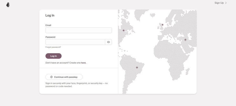 A login screen for a web application with Email and Password fields, a "Log In" button, a "Continue with passkey" option, and a dotted world map with marked locations on the right.