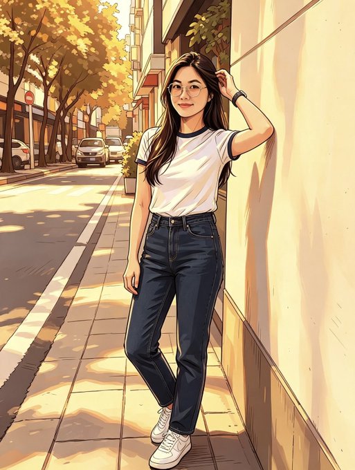 An anime-style illustration shows a young woman with long brown hair and round glasses leaning against a beige wall on a sunlit street, wearing a white t-shirt with dark trim, dark blue jeans, and white sneakers.