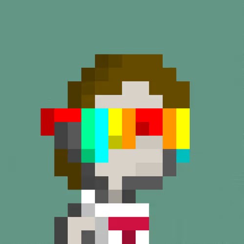 A pixel art portrait of a figure wearing vibrant red, yellow, and cyan shutter shades against a teal background, associated with the generative NFT artwork "Re:Generates #1331" that sold for 0.127 WETH ($239.92).