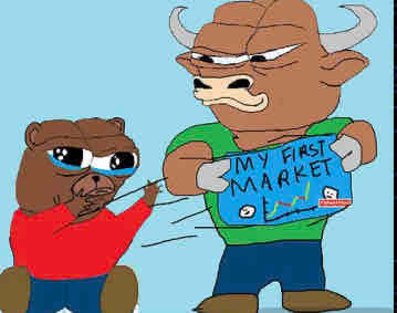 A cartoon illustration depicts a brown bear wearing sunglasses and a red shirt handing a chart titled 'MY FIRST MARKET' with an upward trending graph to an angry brown bull wearing a green shirt.