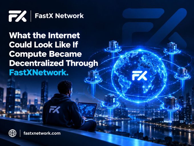 A promotional graphic for FastX Network (FX) featuring a person on a laptop overlooking a nighttime cityscape with a glowing digital globe, captioned "What the Internet Could Look Like If Compute Became Decentralized Through FastXNetwork" and directed to fastxnetwork.com.